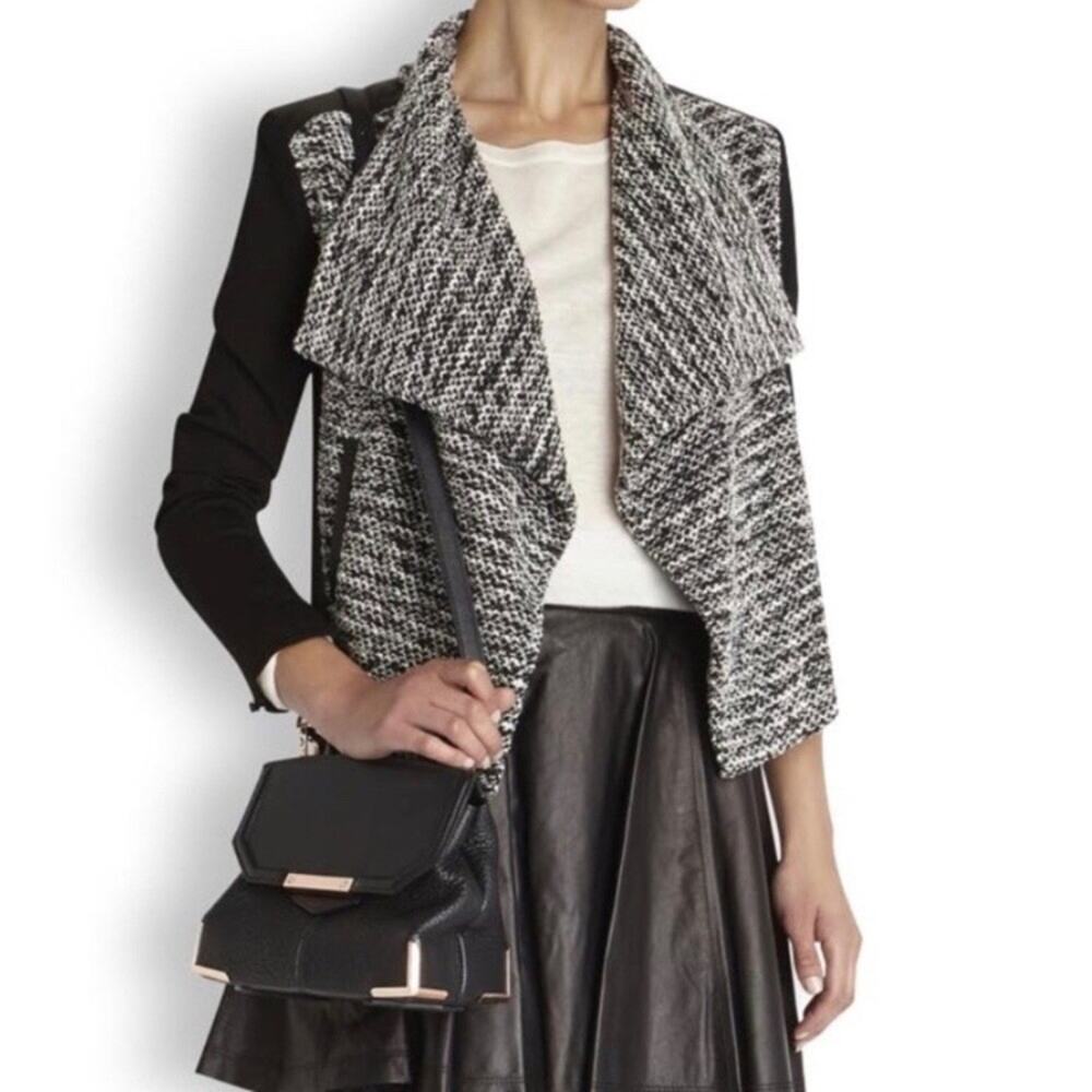 Alice Olivia Burma Drape Lapel Jacket Black White‎ Open Tweed Leather Shoulder 2 - Picture 12 of 12